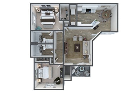 Floor plan for 2 beds, 2 baths, 1040 sqft